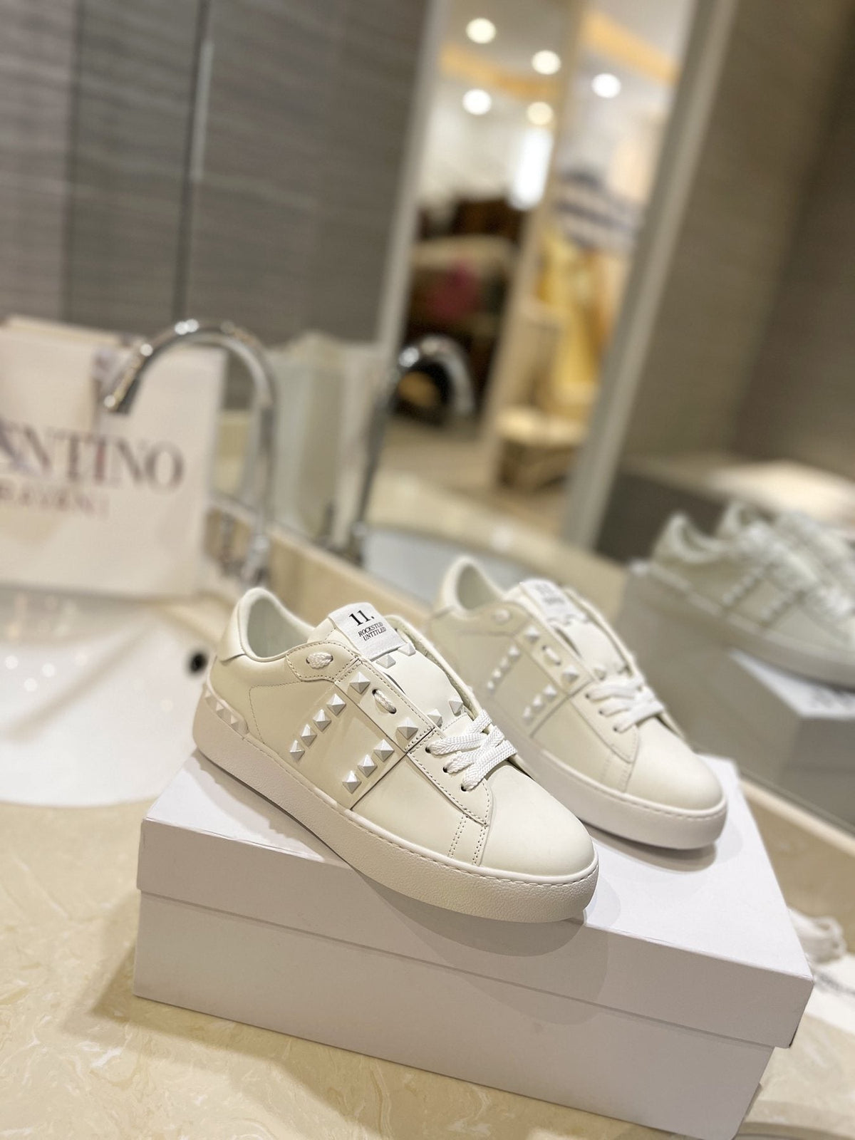 Valentino White Silver Studded Low-Top Sneakers